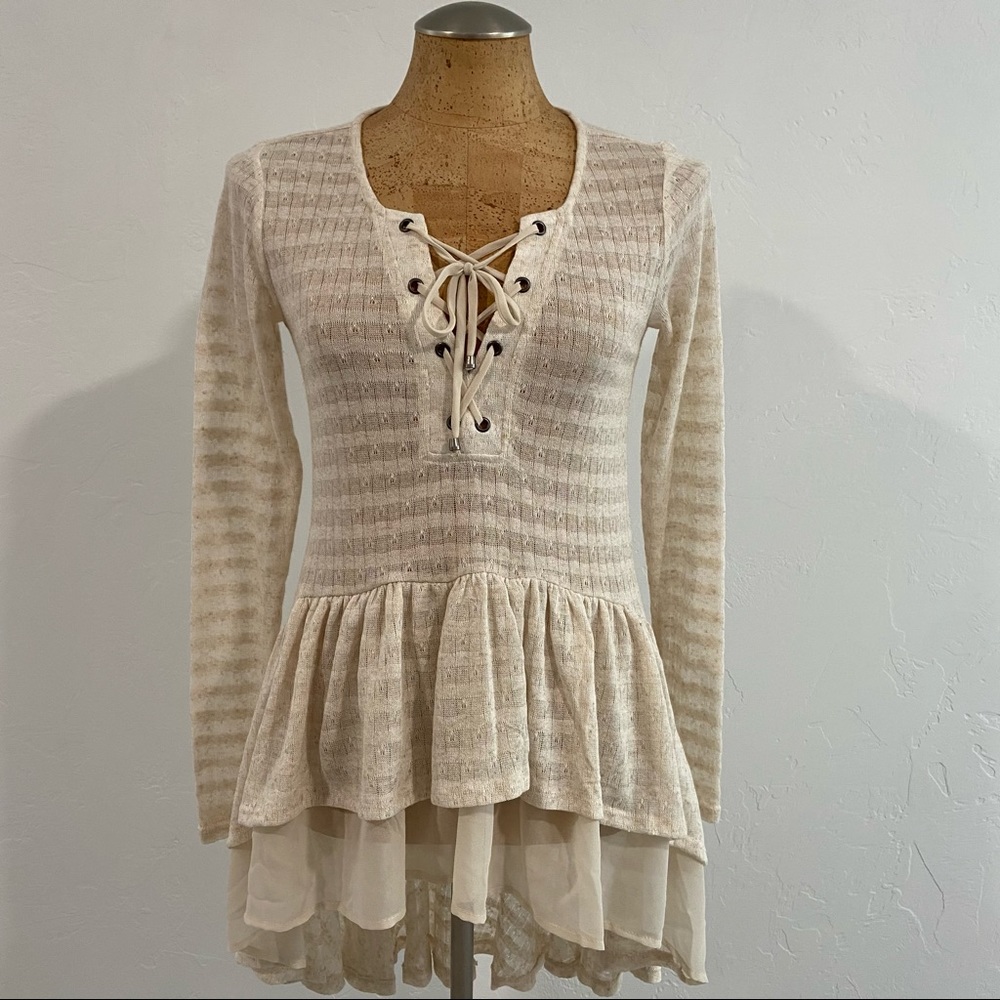 Maurice’s pointelle high low lace up duster top